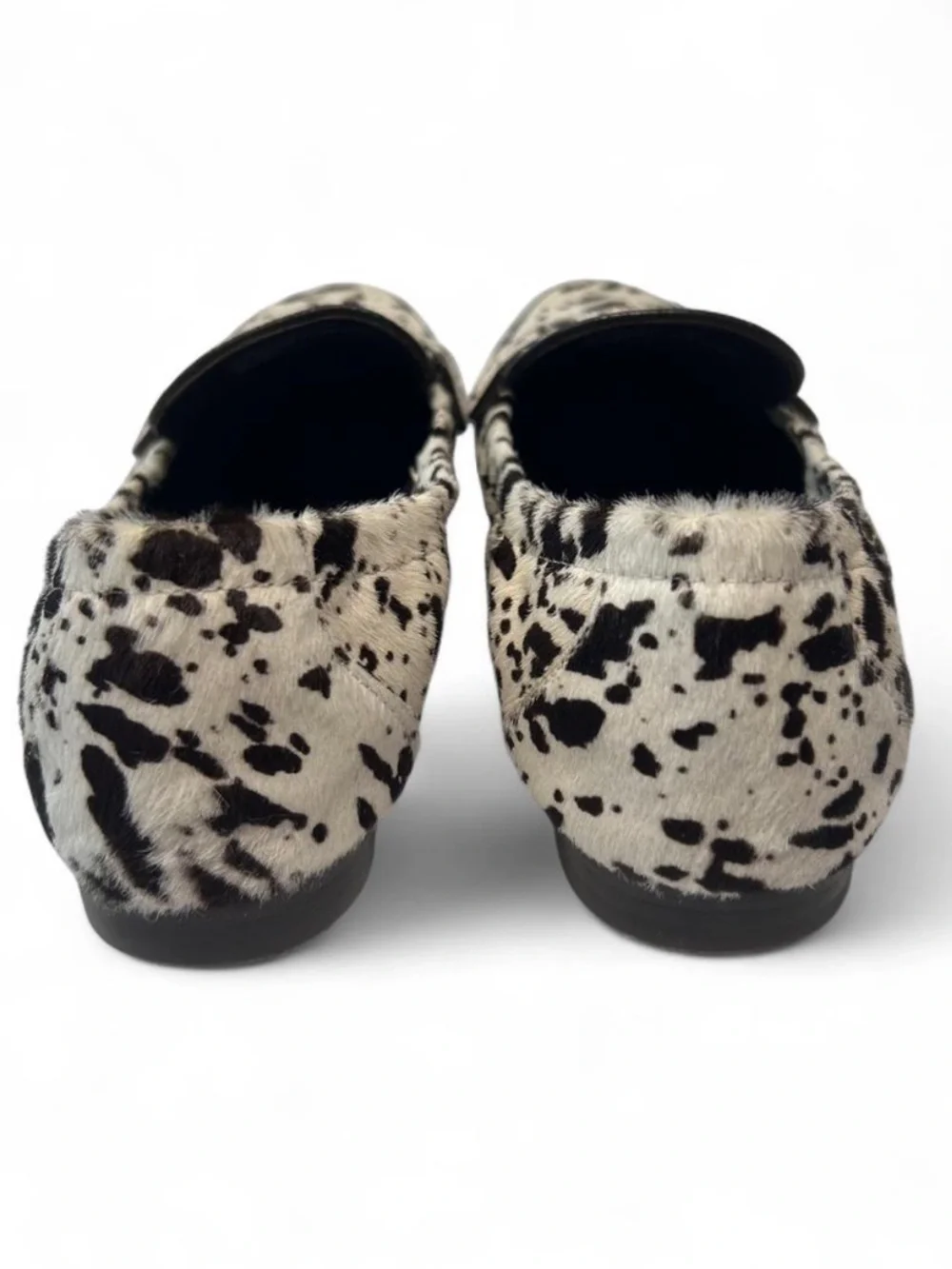 Tory Burch Ballet Loafers in Cow Print, dyed calf hair, smooth leather piping.